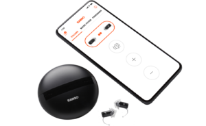 Eargo 6 hearing aid with charger and phone at Victra Stores