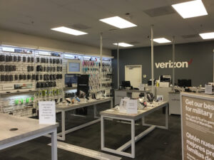Atascadero, California Verizon store interior with display tables and display wall racks. 