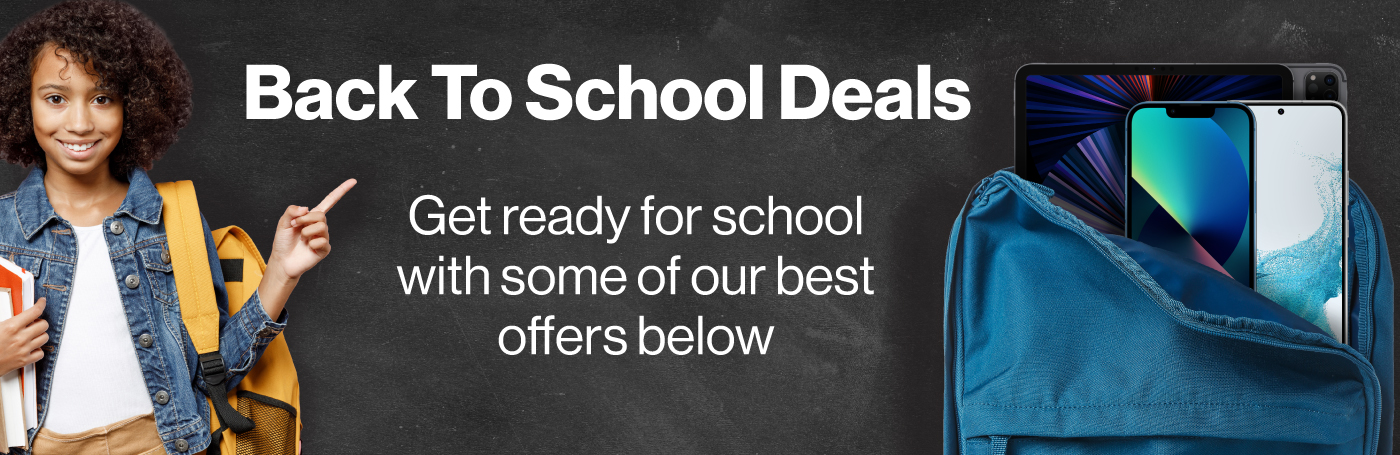 Back to school student with backpack and Apple and Android phones and tablets. Shop our back to school offers below. 