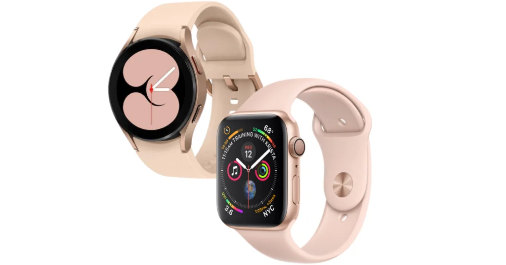 Rose Gold Galaxy Watch4 and Apple Watch Series 7 Together in a Picture