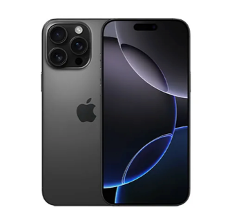 Front and back view of the sleek black iPhone 16 Pro Max showcasing its triple-camera system.
