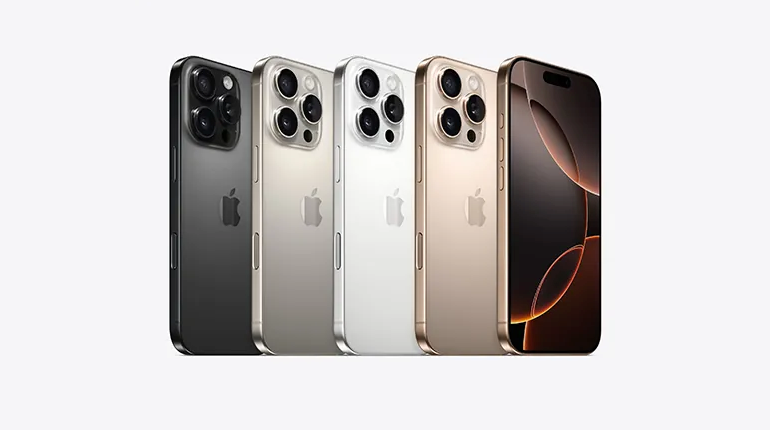 Lineup of iPhone 16 Pro Max models in various colors, illustrating premium design and camera layout.