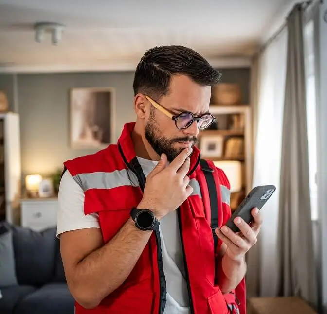Man wearing a red vest looking at a smartphone with a thoughtful expression inside a living room.