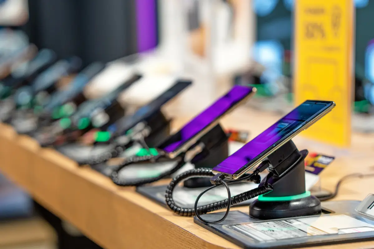 Lineup of smartphones in the store.