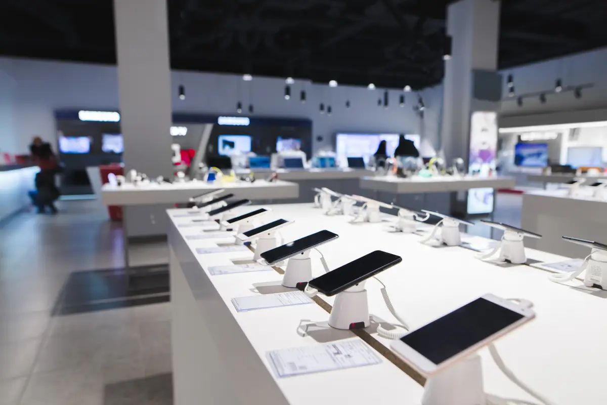 Smartphones displayed on a white counter.
