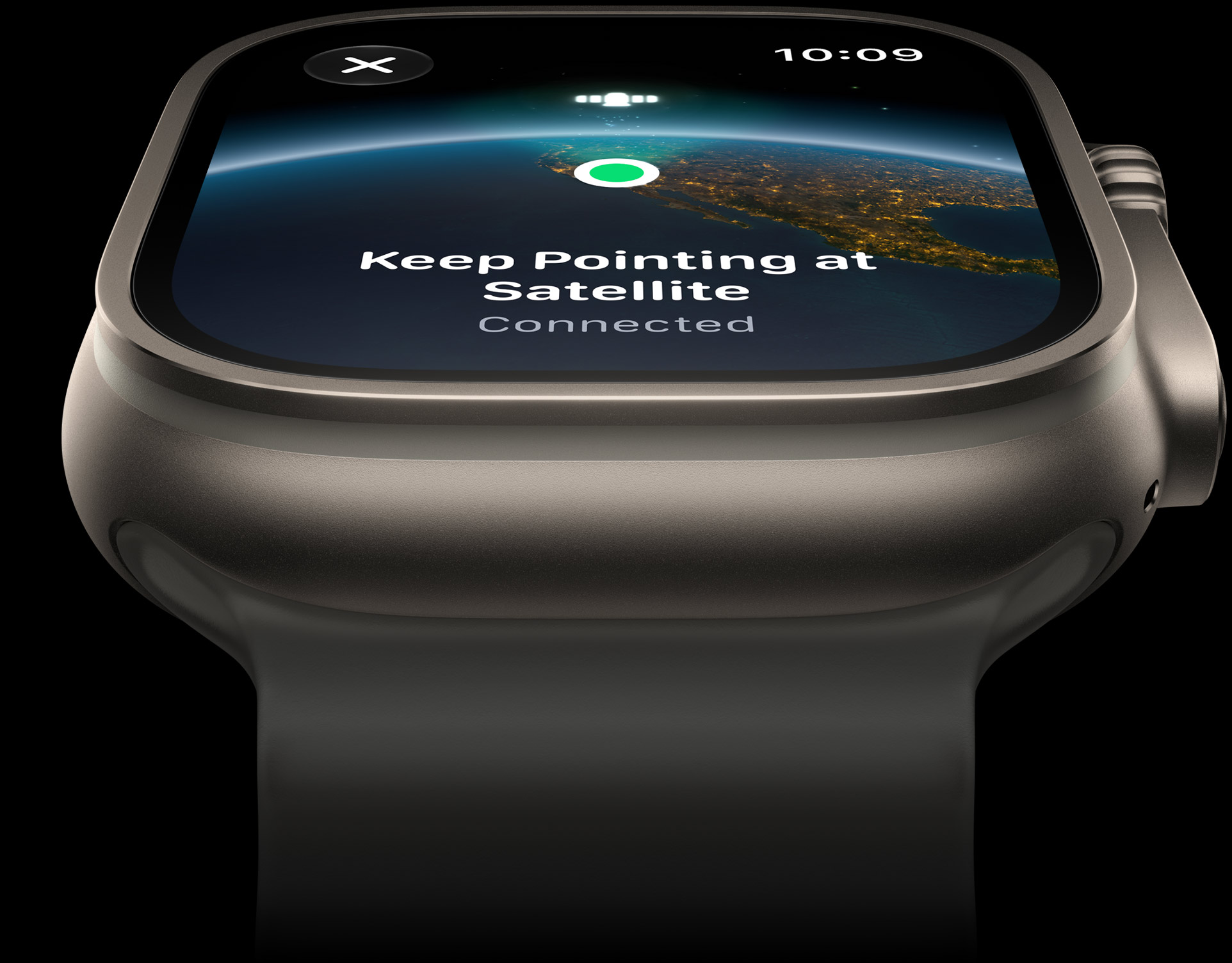 Apple Watch Ultra 4 in titanium, shown close up with a satellite connection on screen