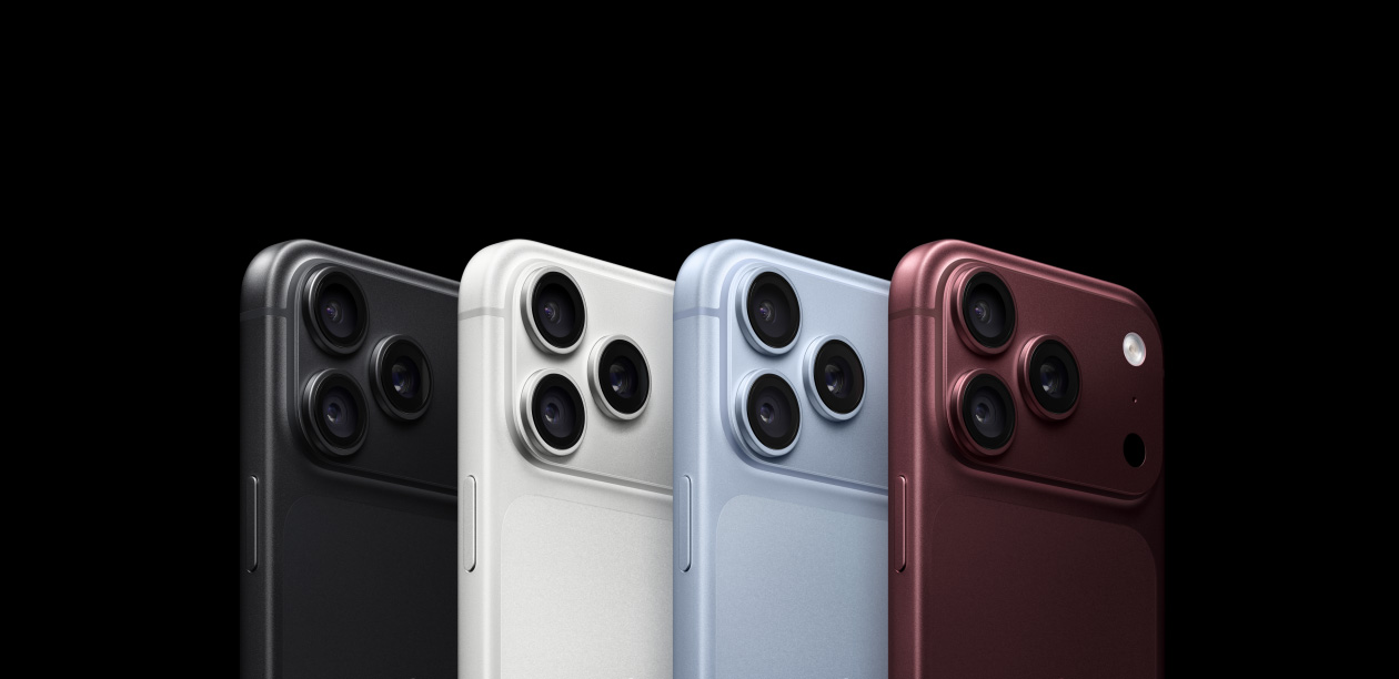 iPhone 18 Pro in four finishes, shown from the back in a row against black